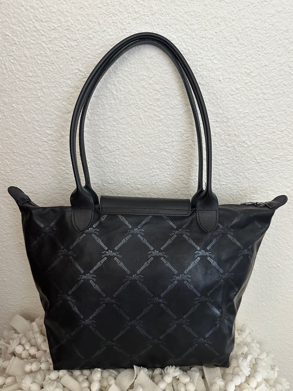 LONGCHAMP Le Pliage S Coated Canvas Horse Pattern Tote Bag Black Small - Picture 3 of 14